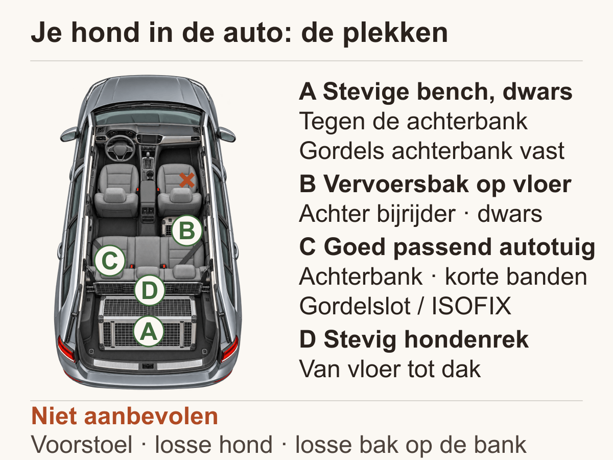 Bovenaanzicht van een auto met plekken voor bench, vervoersbak, autotuig en rek, en drie afgeraden opties.