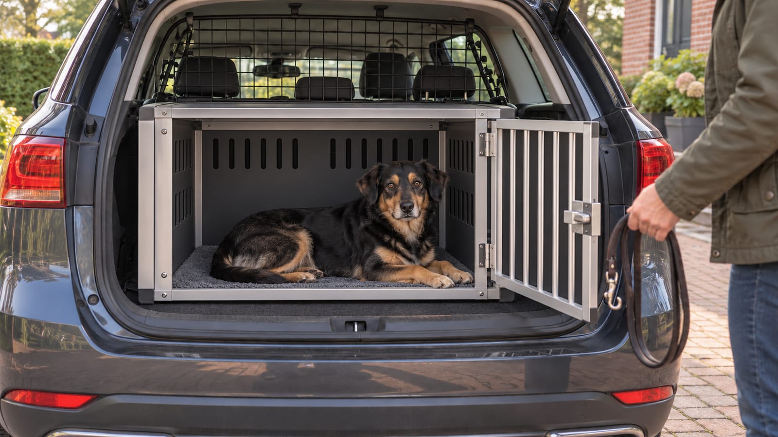 Een hond ligt in een stevige reiskennel met dichte panelen in de open kofferbak van een geparkeerde stationwagen.